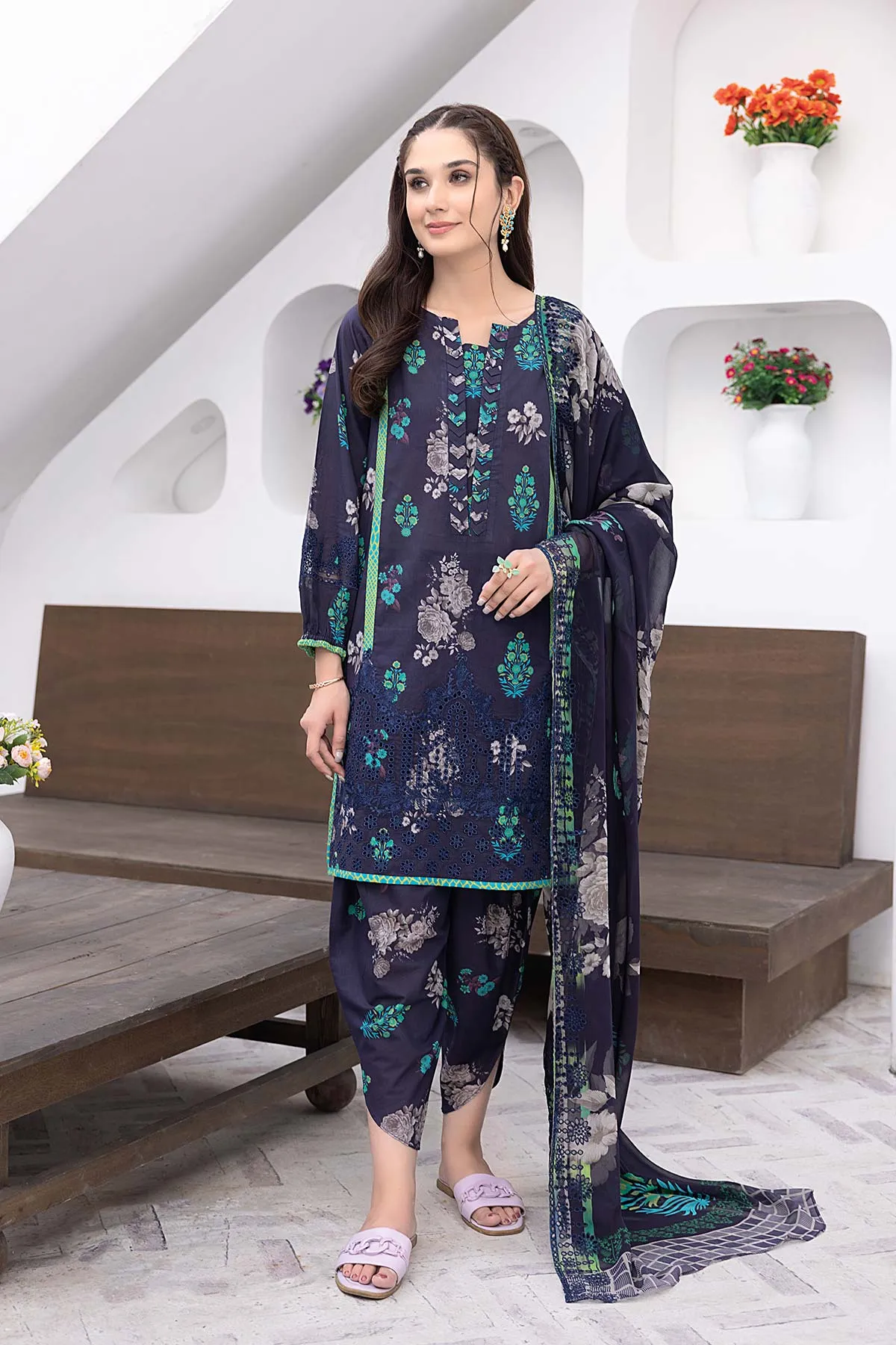 3-Pc Unstitched Printed Embroidered Lawn Suit With Embroidered Chiffon Dupatta CRB23-20