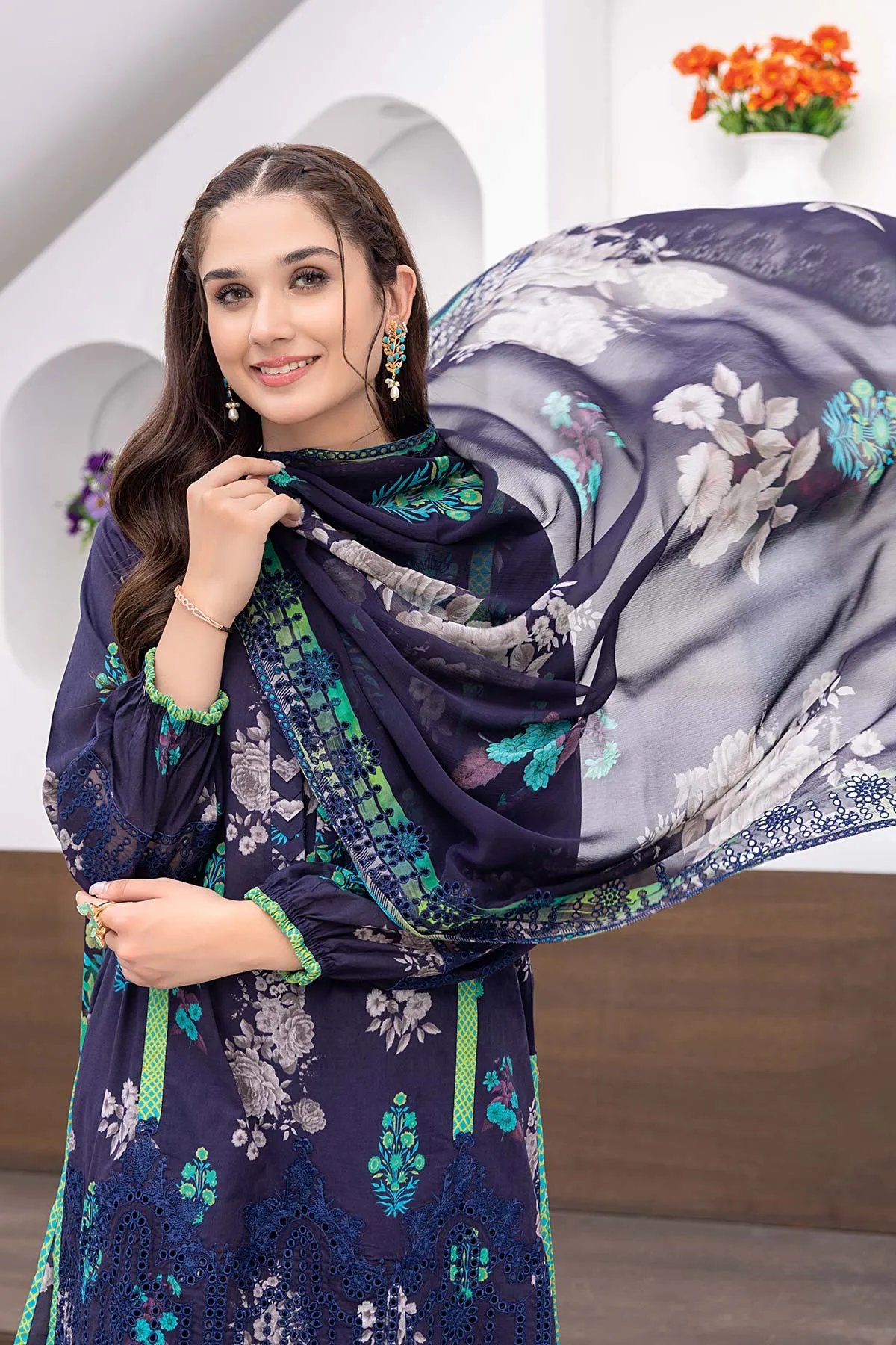 3-Pc Unstitched Printed Embroidered Lawn Suit With Embroidered Chiffon Dupatta CRB23-20