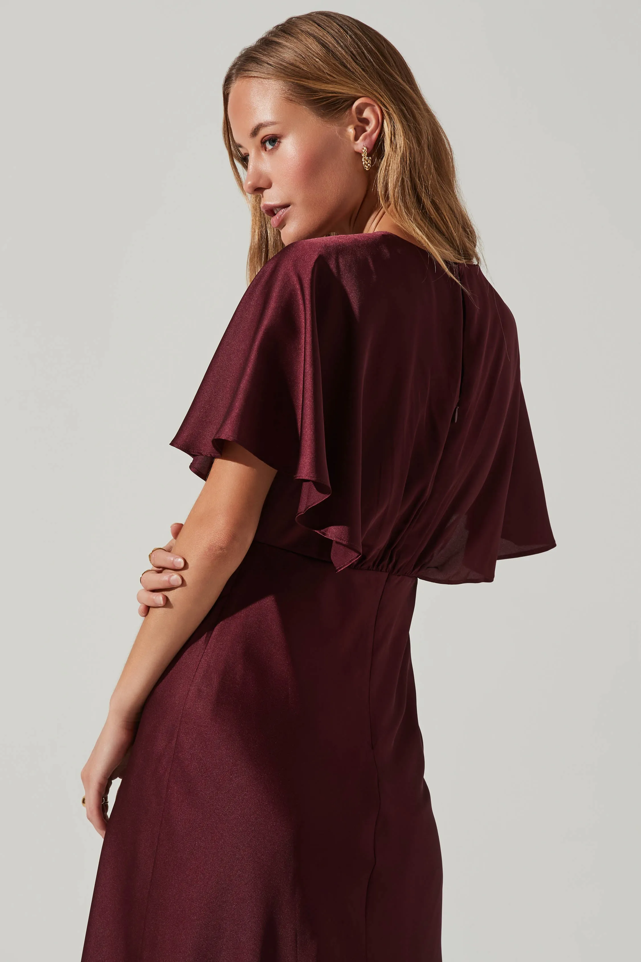 Alessia Satin Flutter Sleeve Midi Dress