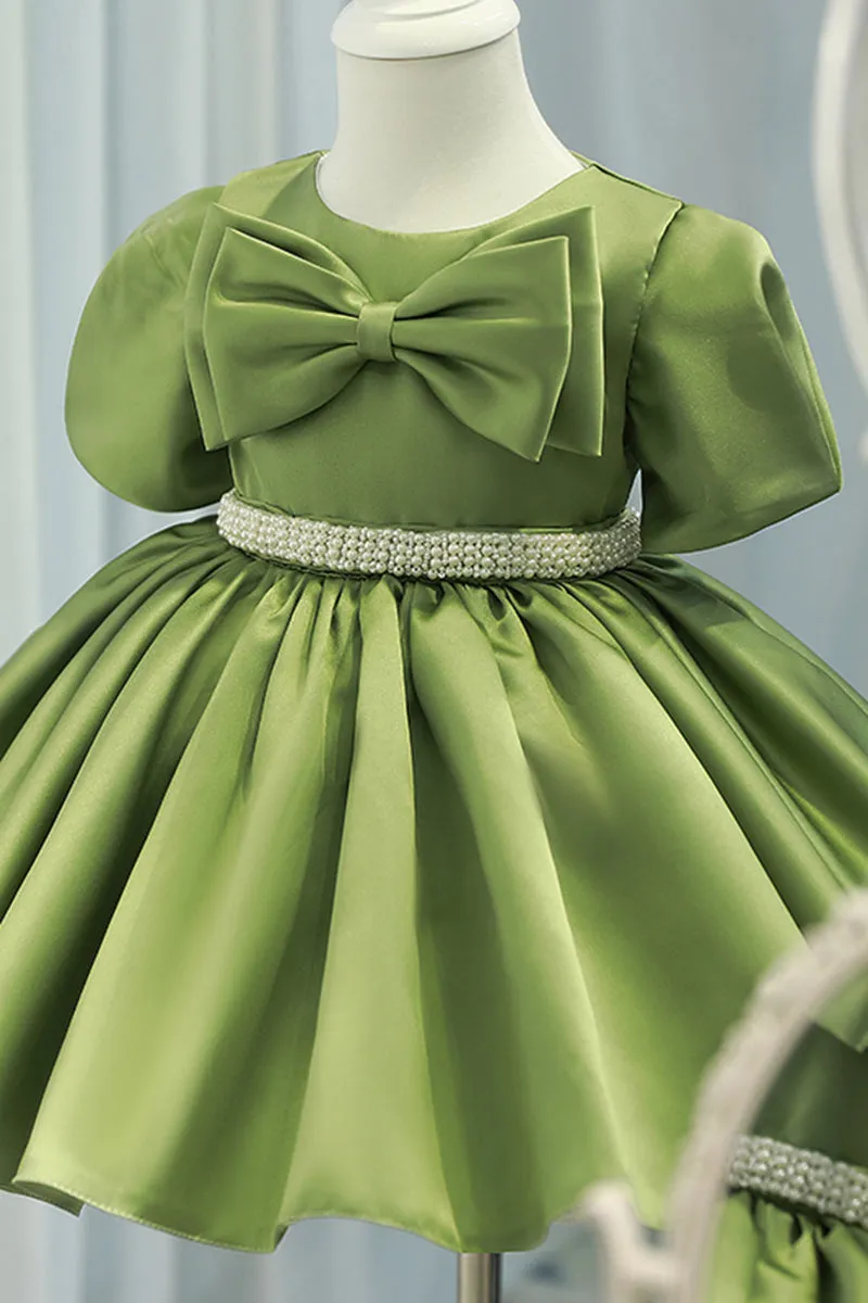 Ball Gown Green Satin Cute Flower Girl Dress Bow First Communion Dress QF1032