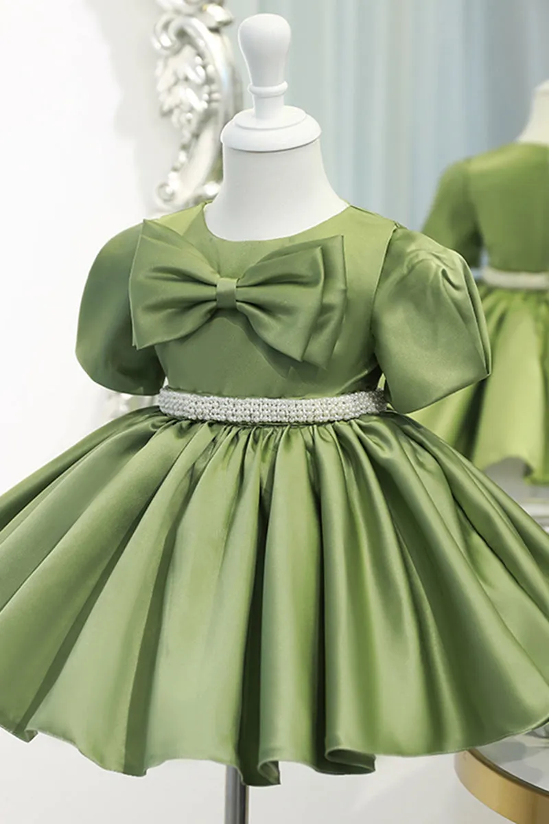 Ball Gown Green Satin Cute Flower Girl Dress Bow First Communion Dress QF1032