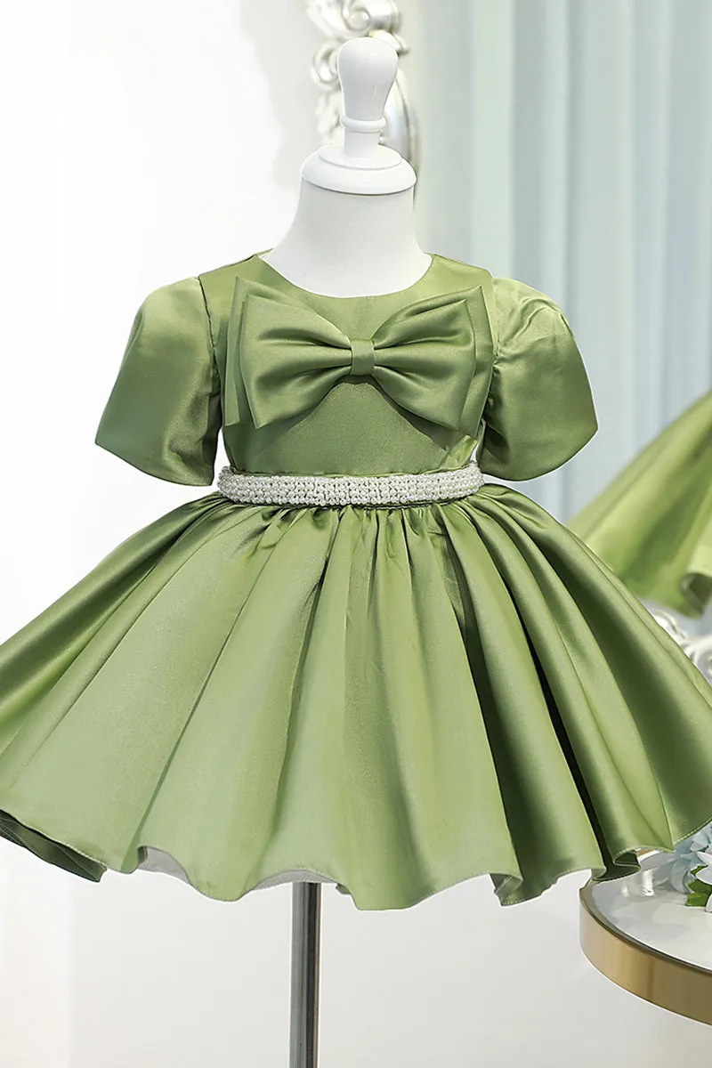 Ball Gown Green Satin Cute Flower Girl Dress Bow First Communion Dress QF1032