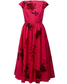 Cerise Floral Print Cap Sleeve Midi Dress