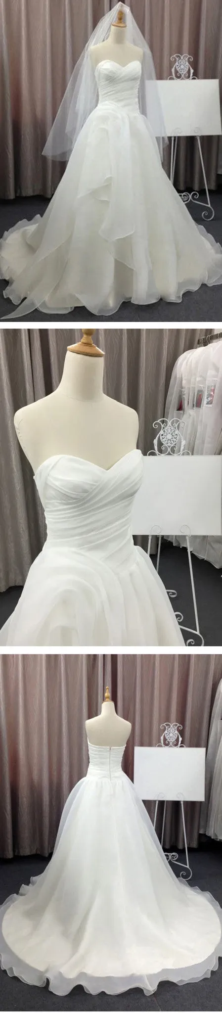 Cheap Simple Elegant Sweetheart Strapless Pleats White Chiffon Ball Gown Wedding Party Dresses, WD0077