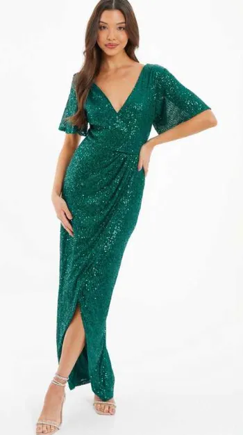 Dark Green Sequin Wrap Dress