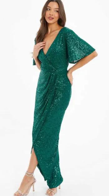 Dark Green Sequin Wrap Dress