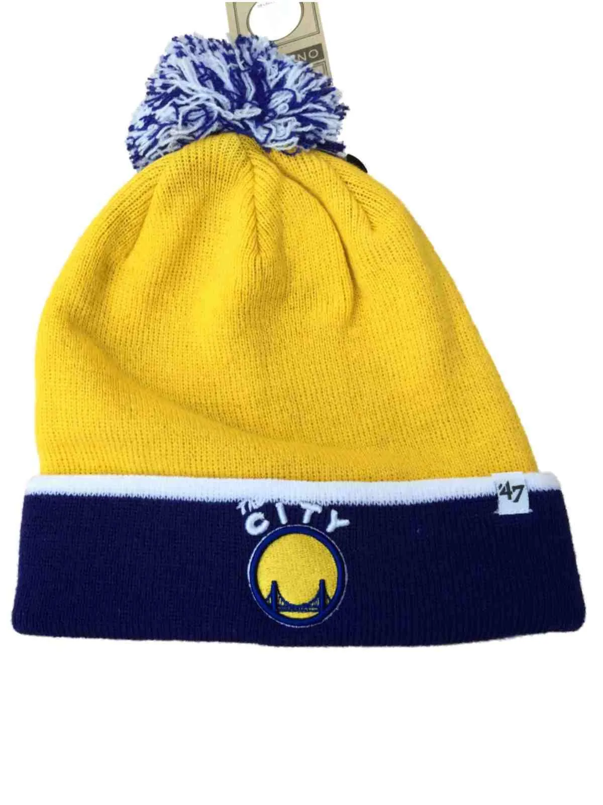 Golden State Warriors 47 Brand Yellow Blue Baraka Retro 1962 Poof Beanie Hat Cap