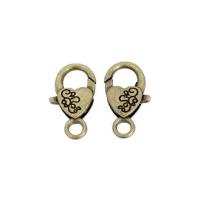 Lobster Claw Clasps, Heart, Antique Bronze, Alloy, 26.5x15mm