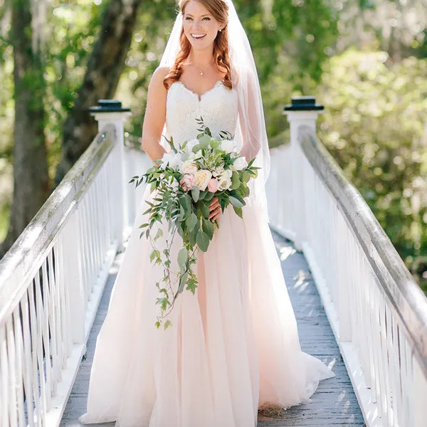 Long A-line Sweetheart Strapless Lace Tulle  Wedding Dresses. DB045