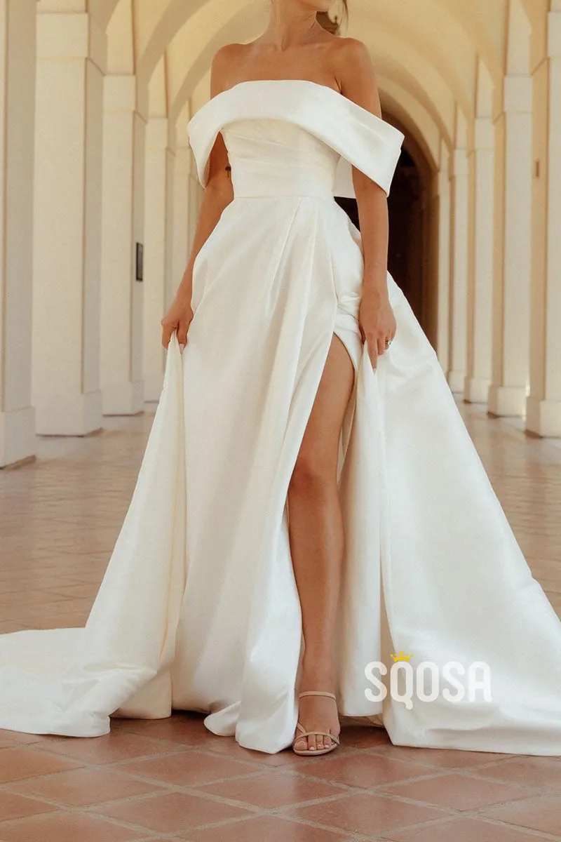 Satin A-Line Off-Shoulder Ruched With Side Slit Wedding Dress QW8178