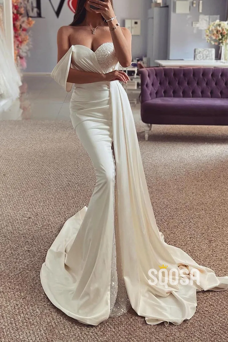 Satin Trumpet Off-Shoulder Pleats Beaded With Train Wedding Dress QW8149