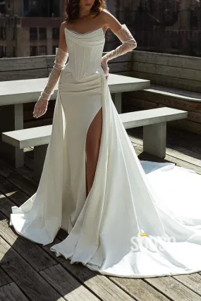 Strapless Ruched Lace Applique With Side Slit Train Wedding Dress QW8132