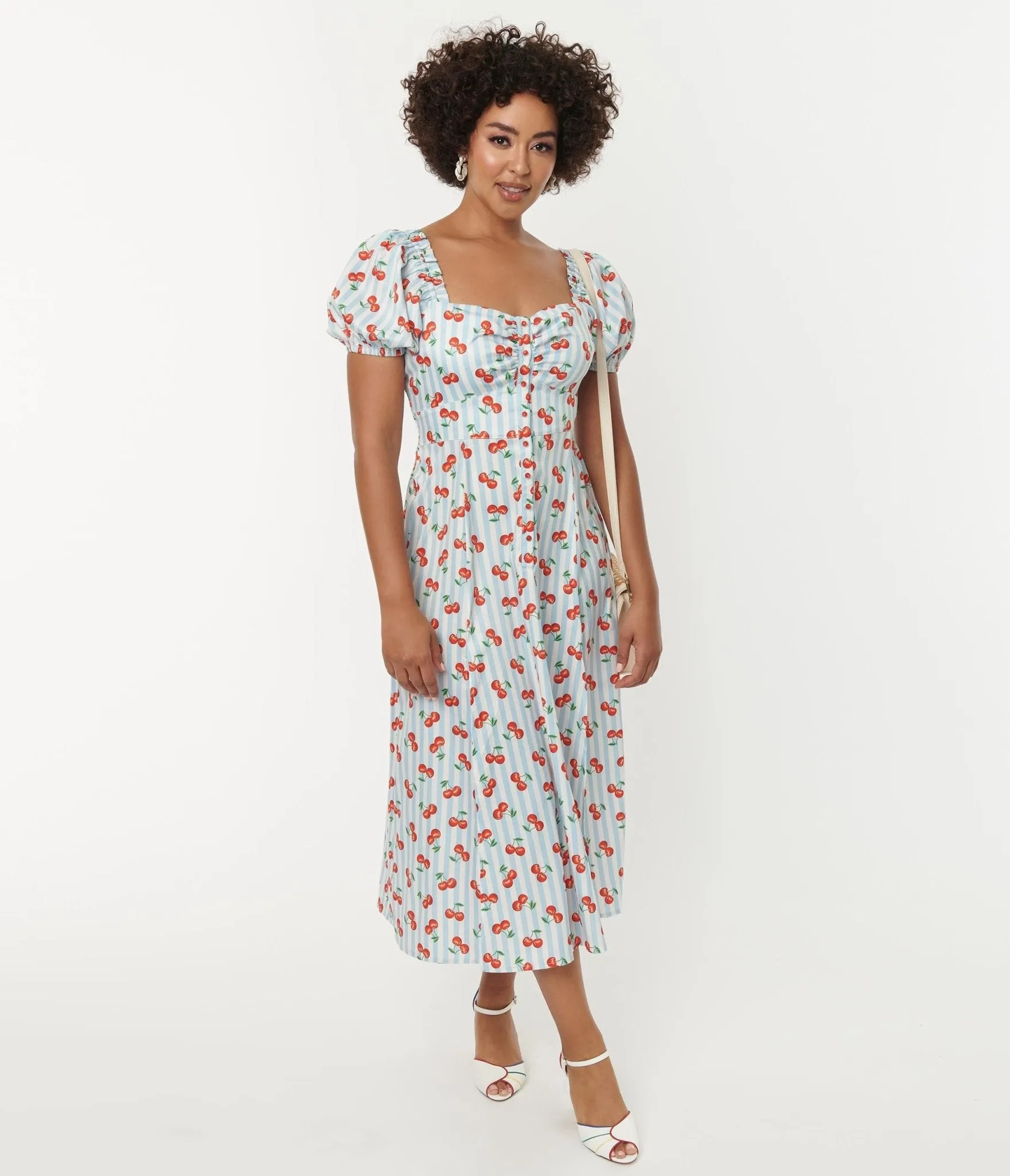 Unique Vintage 1940s Light Blue Stripe & Cherry Print Midi Dress