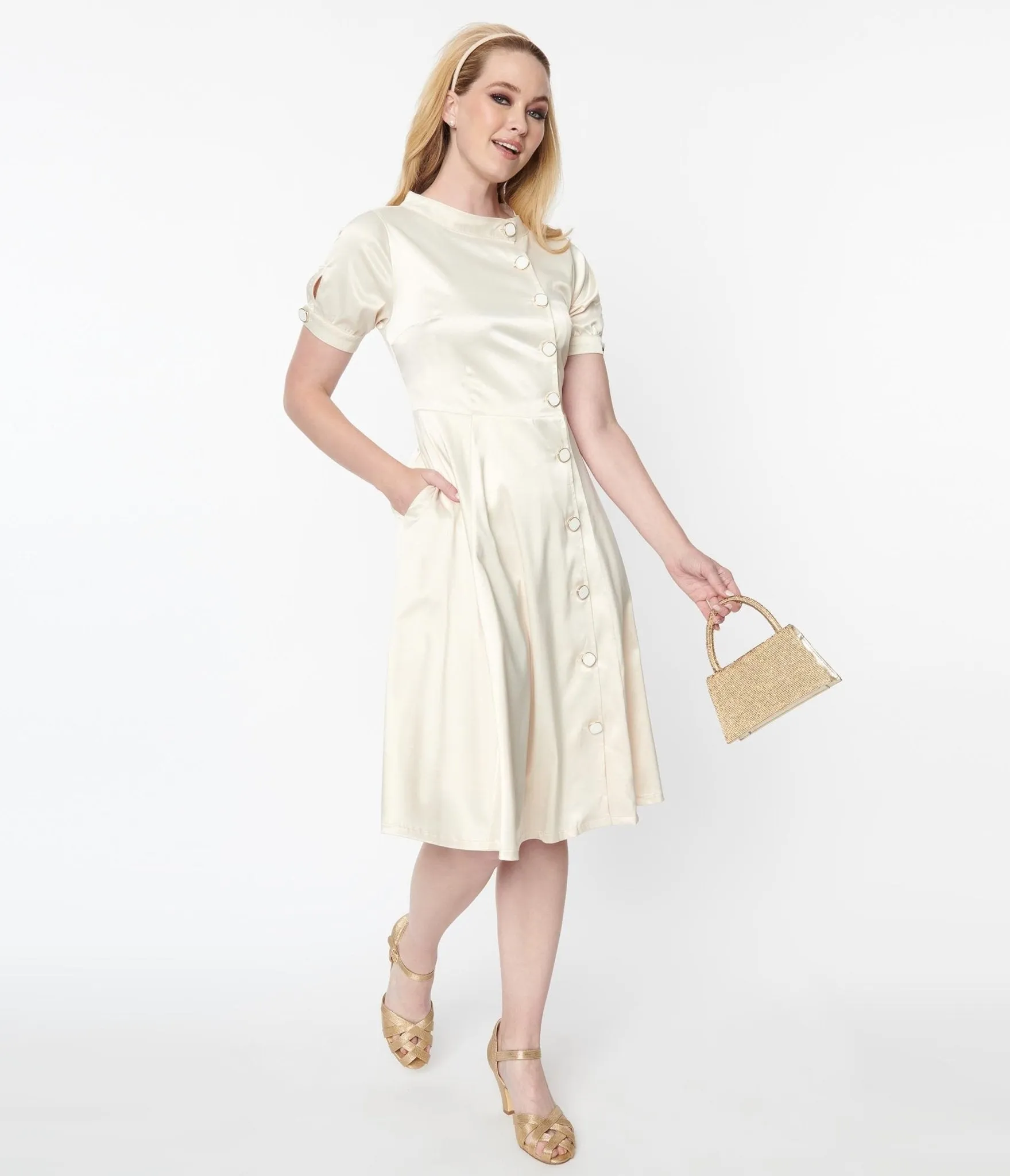 Unique Vintage Ivory Satin Button Bridal Swing Dress