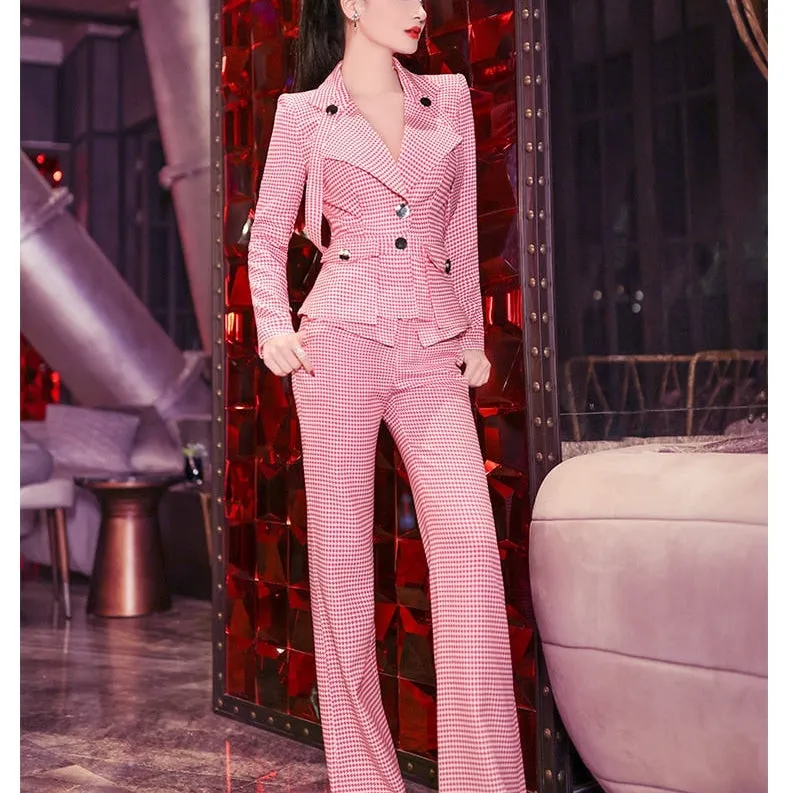 Women's High Waist Pleated Single Button V-Neck Plaid Two Piece Suit