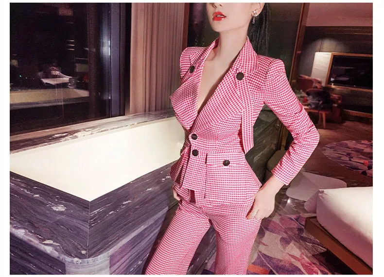 Women's High Waist Pleated Single Button V-Neck Plaid Two Piece Suit