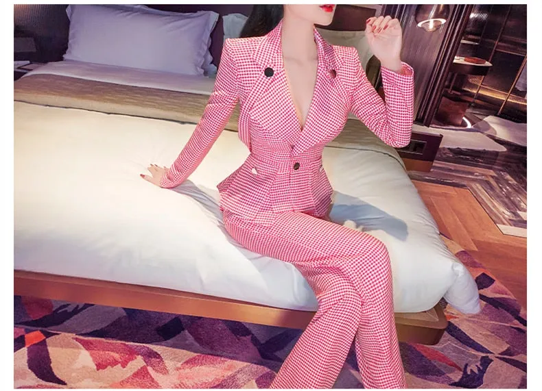 Women's High Waist Pleated Single Button V-Neck Plaid Two Piece Suit