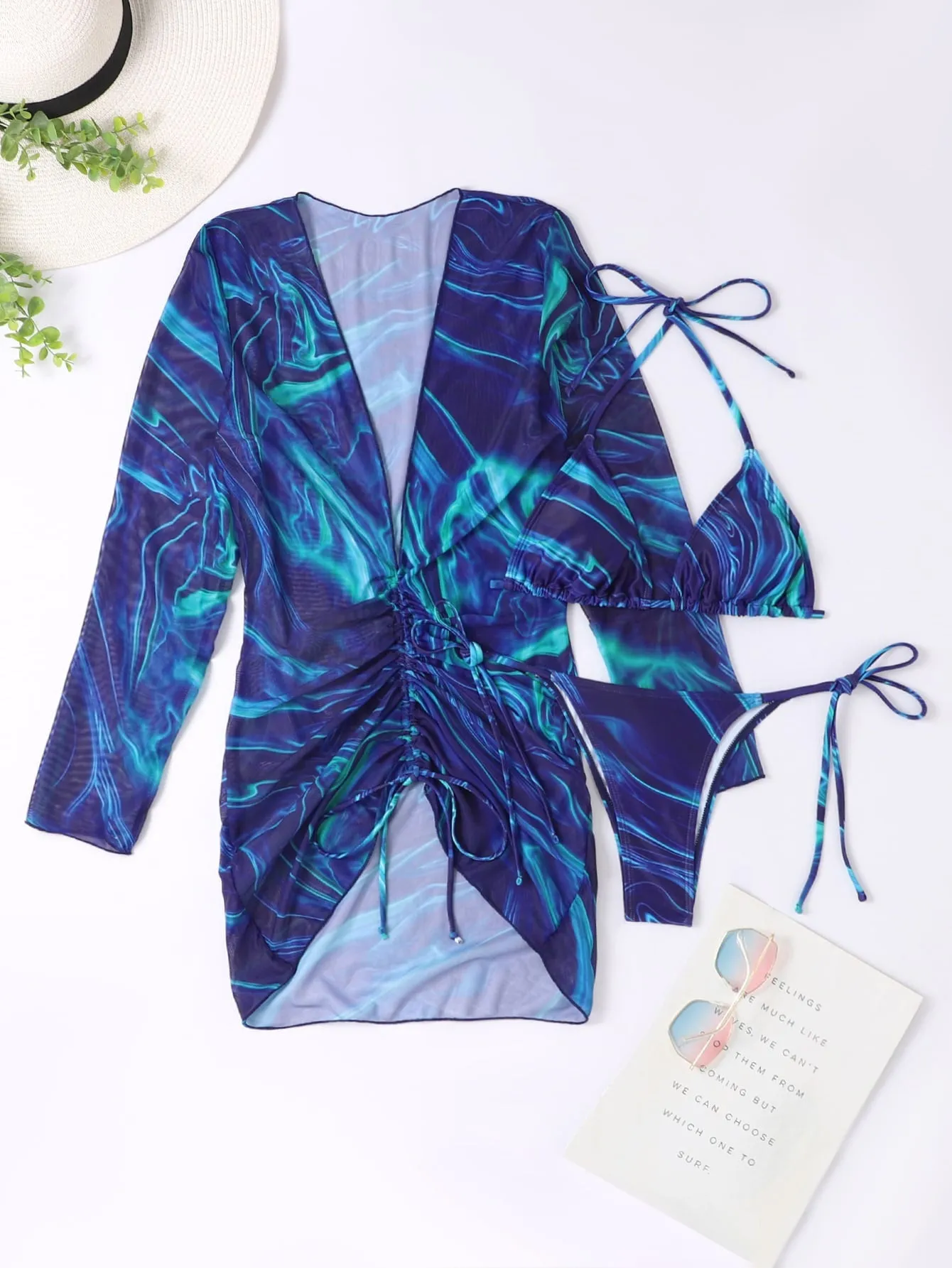 Women's Sexy Blue Tie Dye Pattern Long Sleeve Pleated 3 Piece Swimsuit