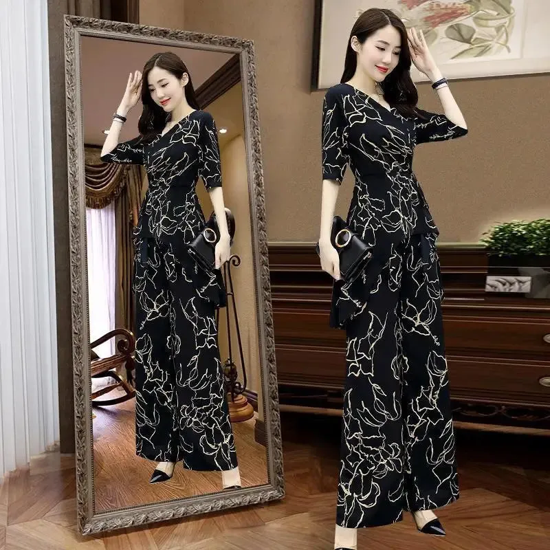 Women's Suit Casual Wide Leg Long Pant Half Sleeve Top Korean Style