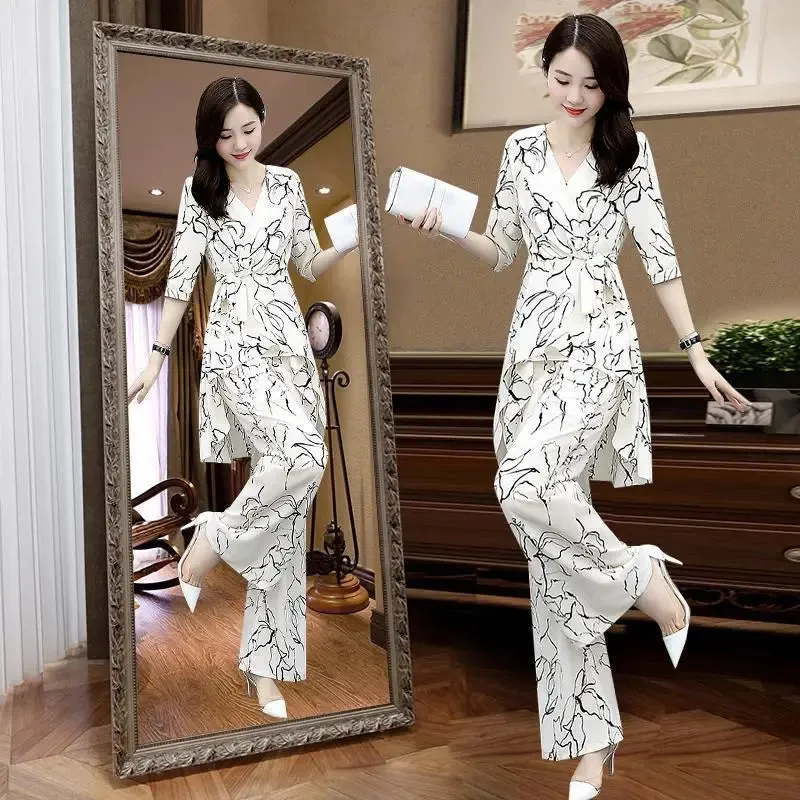 Women's Suit Casual Wide Leg Long Pant Half Sleeve Top Korean Style