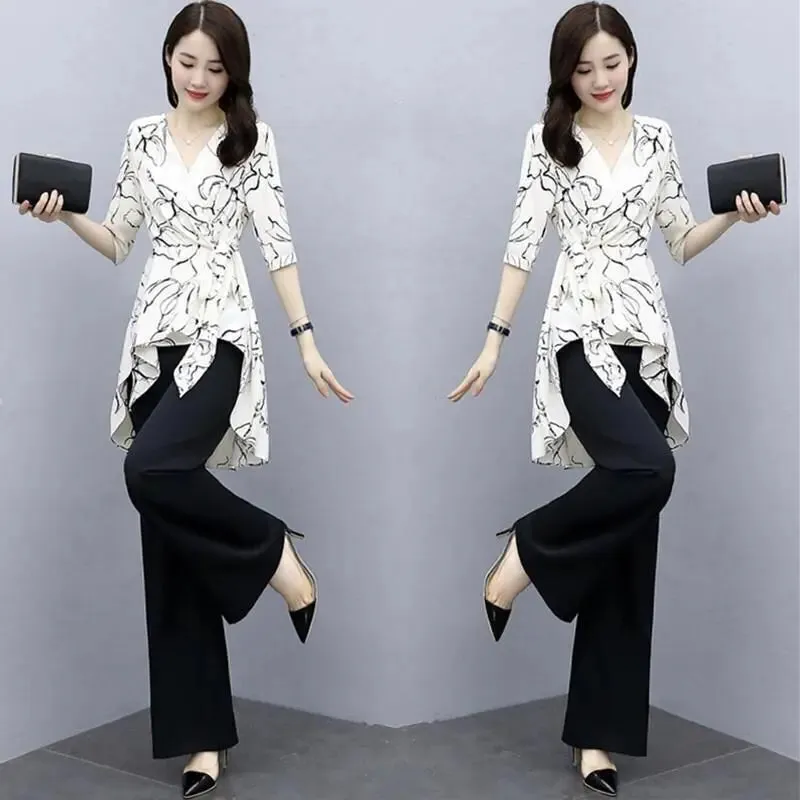 Women's Suit Casual Wide Leg Long Pant Half Sleeve Top Korean Style