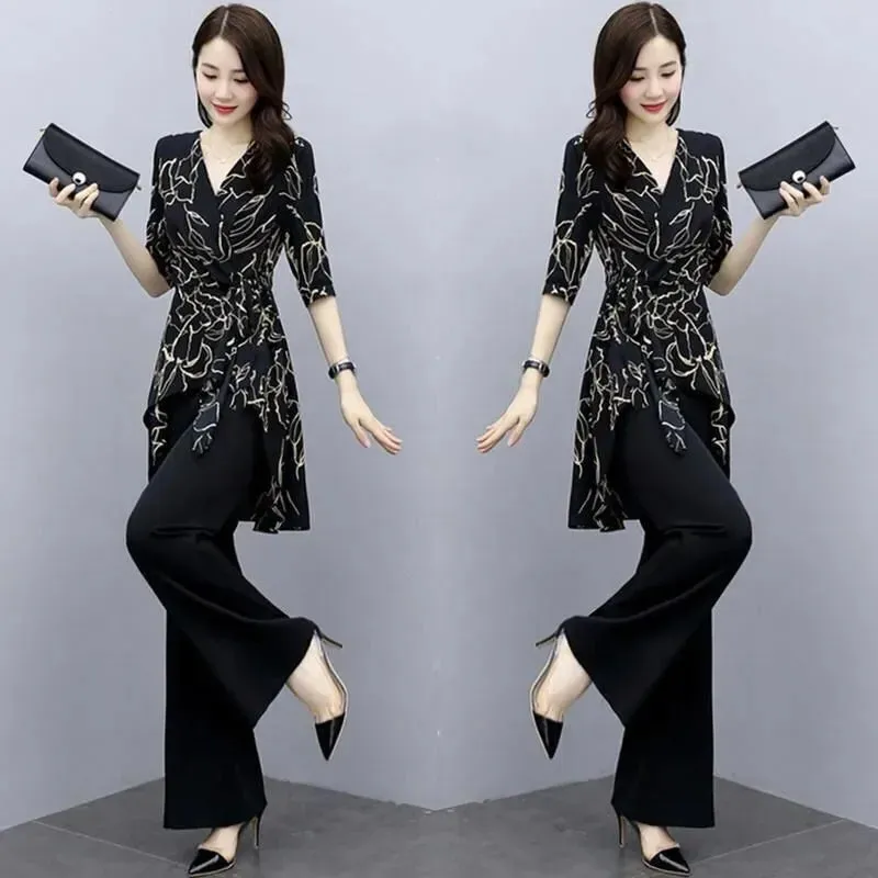 Women's Suit Casual Wide Leg Long Pant Half Sleeve Top Korean Style