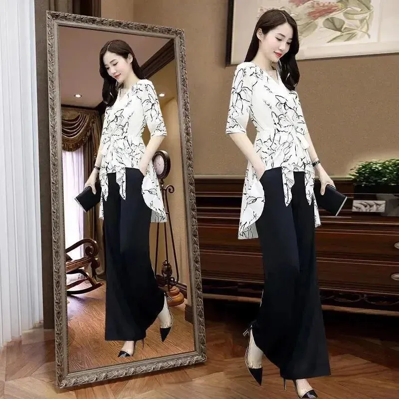 Women's Suit Casual Wide Leg Long Pant Half Sleeve Top Korean Style