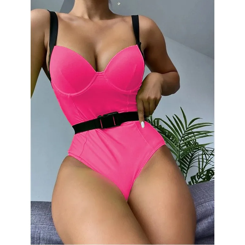 Women's Underwire Buckle Backless Halter Push-Up One Piece Swimsuit