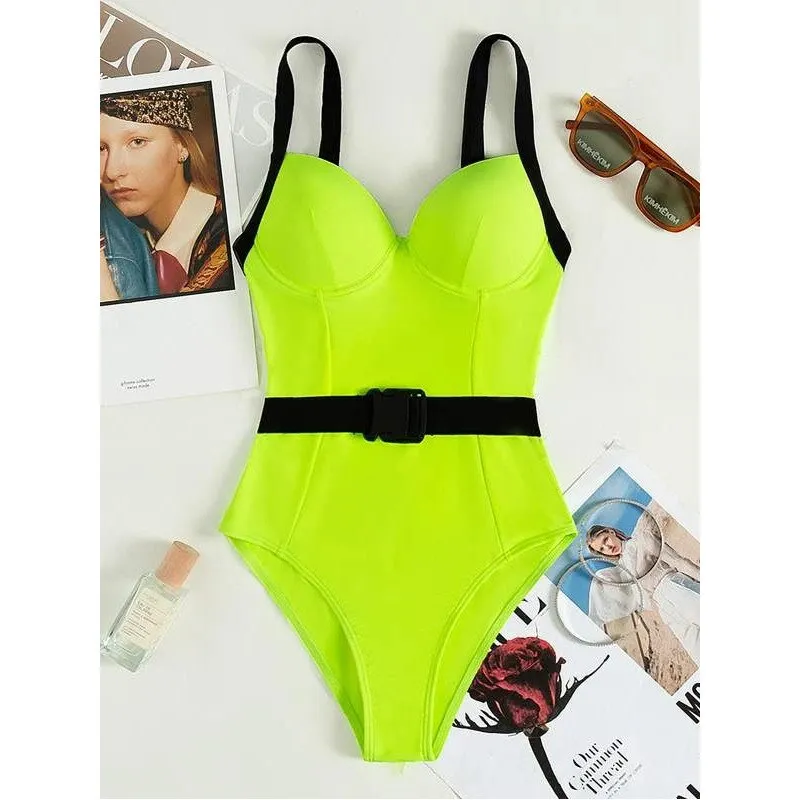 Women's Underwire Buckle Backless Halter Push-Up One Piece Swimsuit