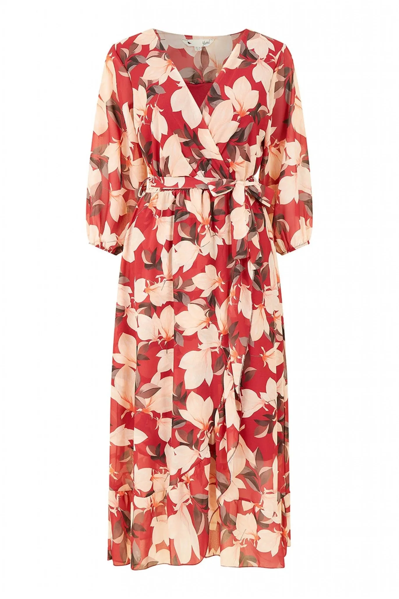 Yumi Red Blossom Wrap Midi Dress With 3/4 Sleeves